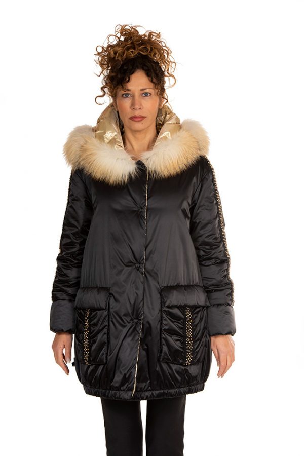Hooded puffer jacket with feather padding (reversible) 7580